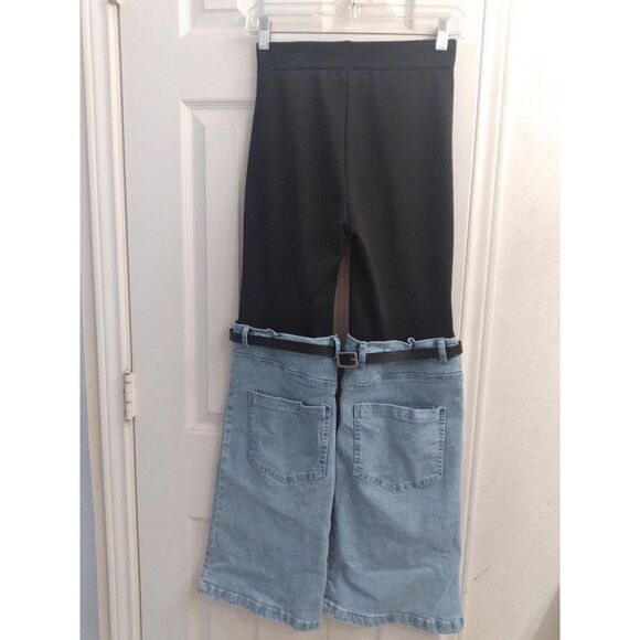 Unique Two-Tone Denim & Legging Hybrid Pants Light Blue & Black‎ Statement Piece - Picture 3 of 5
